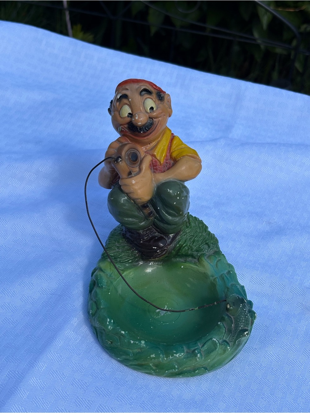 Hand-Painted Fisherman Figurine Ashtray Chalkware